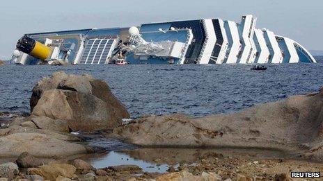 Costa Concordia cruise ship lies aground off Giglio island on 15 January 2012