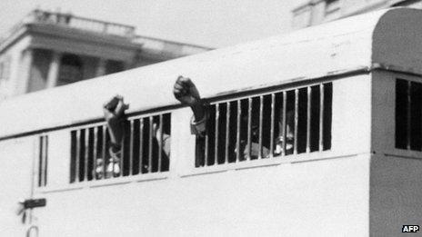 A prison van transporting anti-apartheid activists including Nelson Mandela