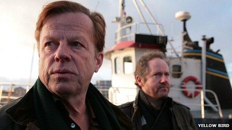 Krister Henriksson as Wallander and Douglas Johansson as Martinsson in TV series Wallander