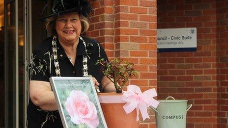 Council chairman Rosemary Kaberry-Brown unveils Grantham's Thatcher Rose