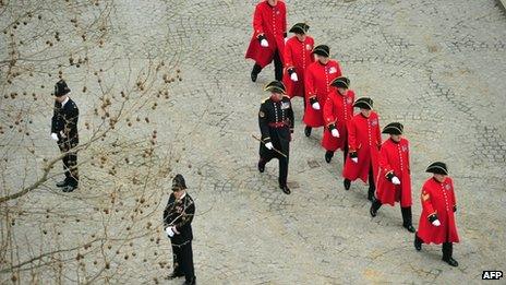 Chelsea Pensioners arrive for the ceremonial funeral of British former prime minister Margaret Thatcher at St Paul"s Cathedral in central London on April 17