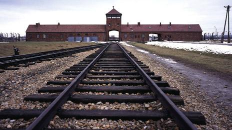 The railway lines leading to Auschwitz death camp, photographed in 2004