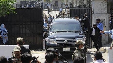 President Musharraf leaves the High Court in Islamabad on 18 April 2013