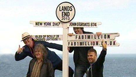 Chris Evans, James May, Professor Brian Cox and Gary Barlow at Land's End