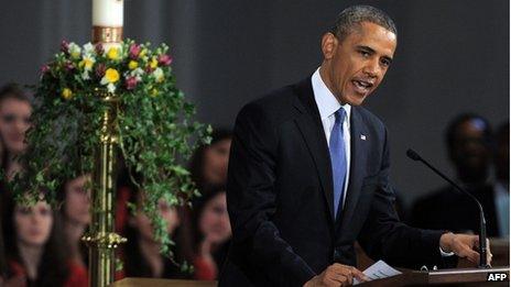 US President Barack Obama speaks during "Healing Our City: An Interfaith Service" dedicated to those who were gravely wounded or killed in the Boston Marathon bombing, at the Cathedral of the Holy Cross in Boston, Massachusetts, 18 April 2013