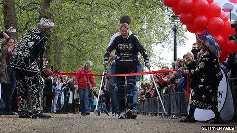 Claire Lomas completing the 2012 London Marathon