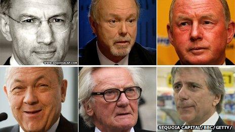 Pictures of Michael Moritz, Sir Terry Matthews, Steve Morgan, David Sullivan, Lord Heseltine and Malcolm Walker