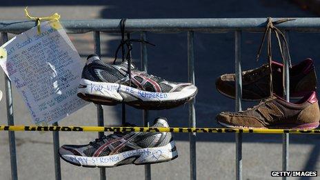 Memorial to the victims of the Boston Marathon attacks, in Boston, on 21 April 2013