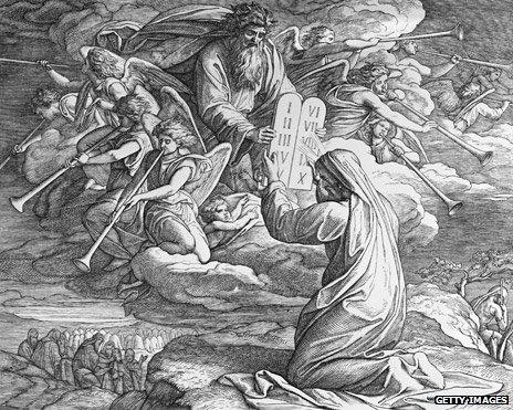 Engraving - Moses Receives The Ten Commandments, by Julius Schnorr von Carolsfeld (1794 - 1872)