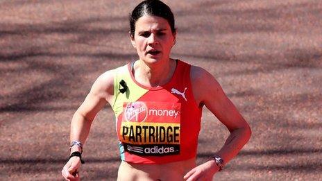 Susan Partridge crosses the finish line ninth at the London Marathon