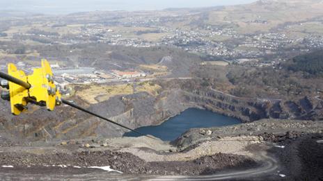 The view from the top of the zip wire at Zip World in Penrhyn Quarry, Bethesda