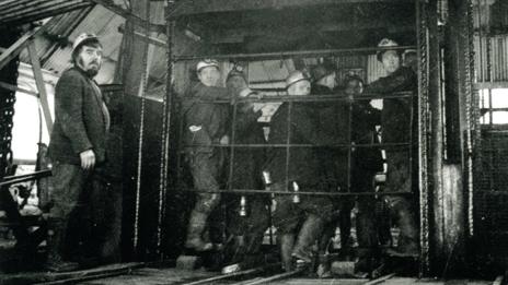 Miners waiting to go down the pit, 1976