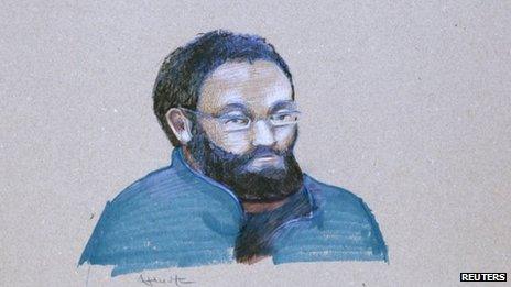 An artist's sketch shows Chiheb Esseghaier making his first court appearance in Montreal on 23 April 2013