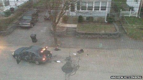 The bomb squad finally inspected the entire vehicle and all the backpacks beside it and cleared the area on Laurel St, Massachusetts