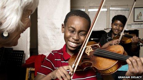 British viola player Rosemary Nalden teaching at a school in Soweto, South Africa