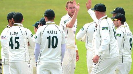 Nottinghamshire players celebrate with Stuart Broad