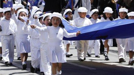 Children march during an event honouring national hero Eduardo Avaroa, who died in the 1879-1884 War of the Pacific, as part of Sea Day celebrations in La Paz, Bolivia, Saturday, 23 March 2013