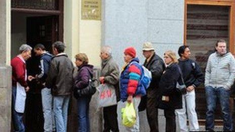 People form a queue outside a charity food centre in Madrid