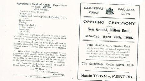 Programme from first Cambridge City match at Milton Road in 1922