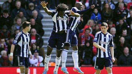 West Brom's Romelu Lukaku and Marc-Antoine Fortune celebrate