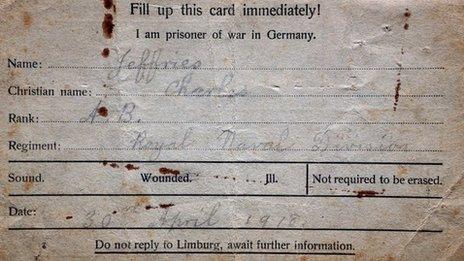 A Postcard sent by WW1 soldier Charles Jeffries sent from prisoner of war camp in Limburg