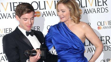 Luke Treadaway, winner of Best Actor Award for The Curious Incident of the Dog in the Night-time and Kim Cattrall in the press room at the Olivier Awards 2013