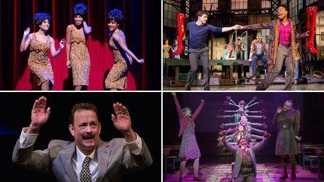 Clockwise from top left: Scenes from Motown the Musical, Kinky Boots, Matilda and Lucky Guy