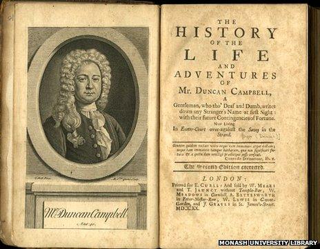 A photograph of the opening pages of the History of the Life and Adventures of Mr Duncan Campbell. [Image: Rare Books Collection, Monash University Library, Melbourne, Australia]