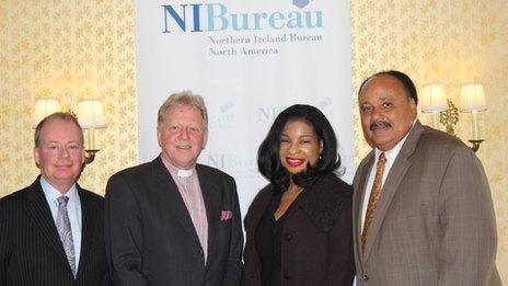 The Director of the NI Bureau, Washington D.C., Norman Houston; the Chairman of the Bright Brand New Day initiative, Dr David Latimer; Mrs Arndrea Waters King; Mr Martin Luther King III. Photo by Bronagh Finnegan