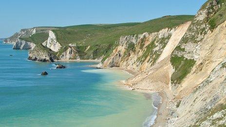 People walking along the beach below the landslip