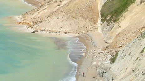 People walking along the beach below the landslip