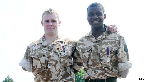 Mark Ormrod (l) and Ben McBean receive their campaign medals at Norton Manor Camp (May 2008)