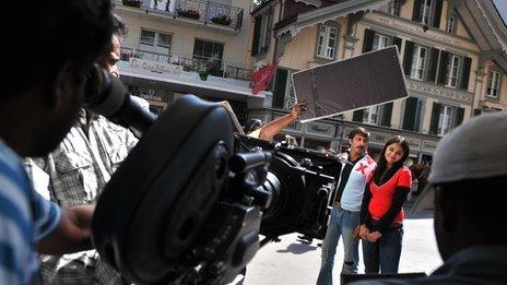 A musical scene from a Bollywood movie being filmed in the Alpine town of Interlaken on September 5, 2008