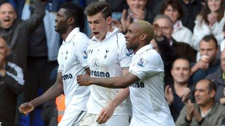 Tottenham's Gareth Bale is congratulated by Jermain Defoe