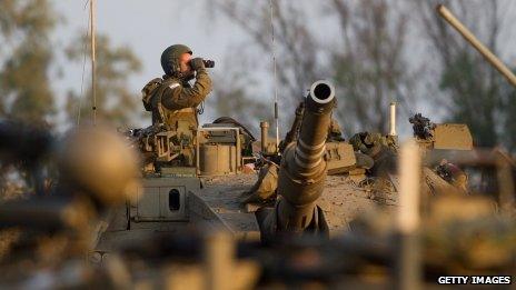 Israeli soldier looks through his binoculars