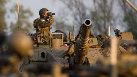 Israeli soldier looks through his binoculars