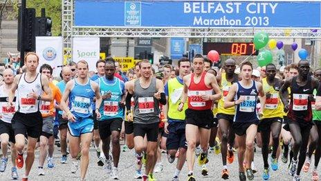 The elite runners at the start of Monday's Belfast Marathon