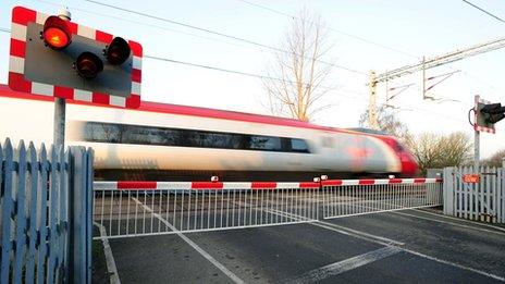 General view of level crossing at Wedgwood train station in Stoke-on-Trent, Staffordshire.