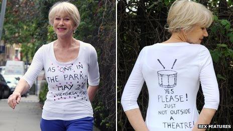 Dame Helen Mirren in a T-shirt promoting the As One in the Park festival