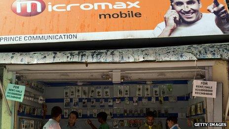 Micromax ad outside a shop selling mobile phones in Delhi