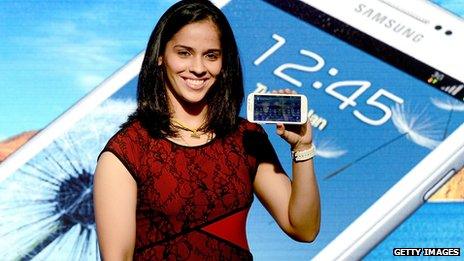 Indian badminton player Saina Nehwal launching the Samsung Galaxy Grand in Mumbai in January 2013