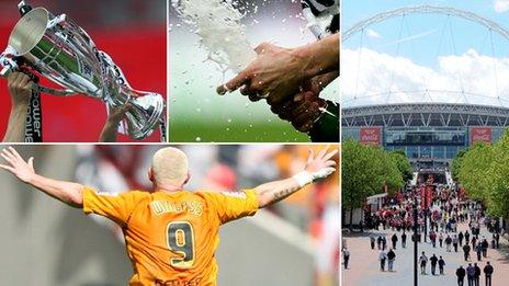 Play-off trophy, Champagne, Wembley Way and the Wembley Arch, Dean Windass