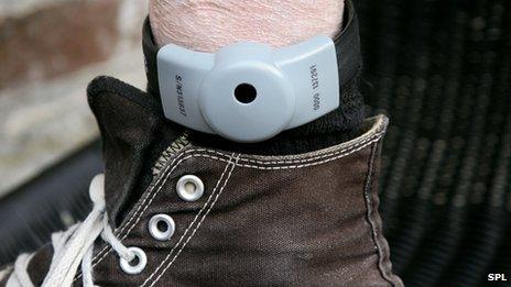 An electronic tag on an offender's ankle