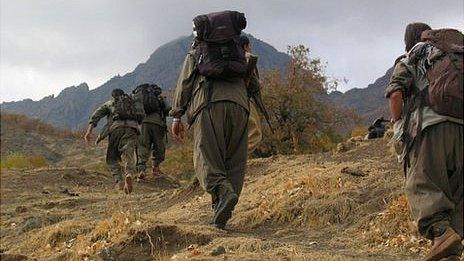 PKK fighters head towards Iraq from the mountains of south-eastern Turkey, in a photo released on 8 May