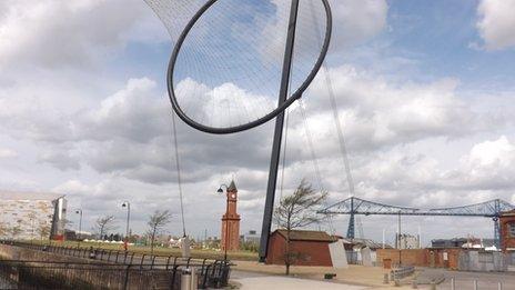 Temenos, the Transporter Bridge and the Middlehaven Clock in Middlesbrough