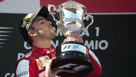 Fernando Alonso with the Spanish GP trophy