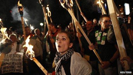 Protesters outside the Palace of Culture, Sofia