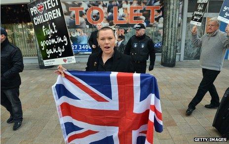 British National Party (BNP) members protest outside Liverpool Crown Court in 2012 over the Rochdale case