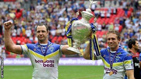 Warrington skipper Adrian Morley and Lance Todd Trophy winner Brett Hodgson pose with the Challenge Cup after their Wembley win over Leeds in 2012