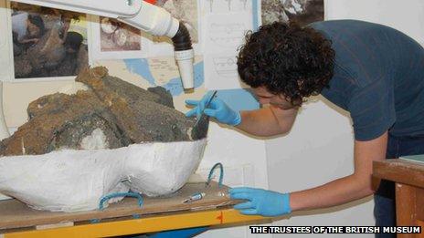 BM Conservation staff working on the conservation of the Chiseldon cauldrons